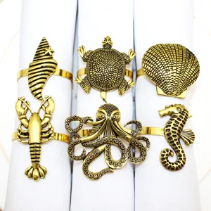 Ocean theme metal napkin rings gold lobster octopus shell table decor set for summer dining