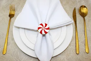 Weihnachten rot und weiß Bonbon Streifen Serviettenring Tischdekoration Detail Ansicht