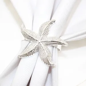 Silver starfish napkin ring detail view, elegant metal table decor for dining settings.