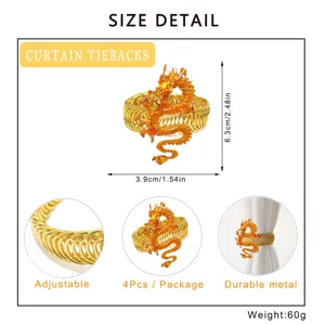 Creative Chinese dragon metal curtain tiebacks, adjustable durable spring drapery clips, 4pcs.
