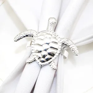 Silver metal sea turtle napkin ring detail, elegant table decor for dining and wedding parties.