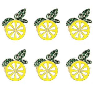 Set of 6 yellow lemon napkin rings with green leaves, alloy table decor for summer dining.