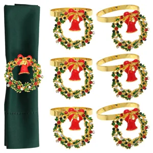 Christmas Wreath Napkin Ring Alloy Rhinestone Bell Napkin Buckle Holder Gold Table Decor For Hotel Party