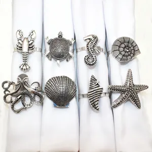 8pcs marine theme metal napkin rings set, lobster octopus starfish table decor for summer.