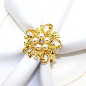 Gold alloy pearl napkin ring detail, elegant floral table decor for hotel tableware and dining.
