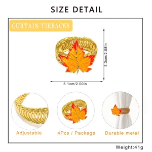 Gold metal curtain tiebacks with vibrant orange maple leaf design, adjustable spring decor.