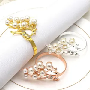 Pearl rhinestone elk napkin ring detail, metal Christmas table decor ring set