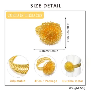 Gold metal wire curtain tieback detail, adjustable spring design, 4 pieces per package.