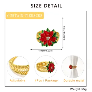 Christmas red flower curtain tiebacks, adjustable durable metal spring rope, 4pcs set.