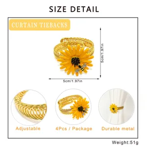 Metal curtain tiebacks with sunflower decor, adjustable spring buckle, 4pcs/pack.