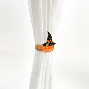 Halloween pumpkin witch hat curtain tie back metal elastic buckle detail view showcase