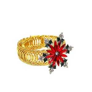 Gold spring curtain tieback with red crystal poinsettia flower and sparkling rhinestones.