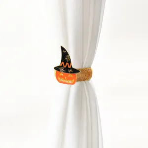 Halloween pumpkin witch hat curtain tieback with flexible golden spring ring holder.