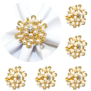 Exquisite gold floral pearl rhinestone napkin ring set for elegant hotel table decor.