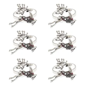 Set of 6 Christmas reindeer napkin rings, vintage silver metal table decor for holiday parties.