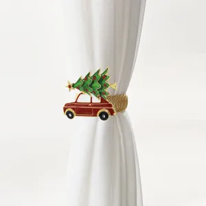 Detailed view of the Christmas tree and red car metal curtain buckle with spring tieback.