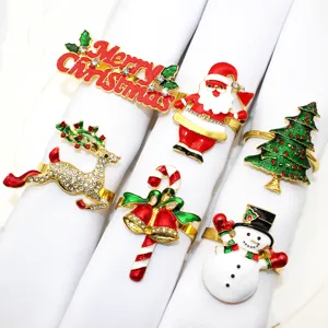 6-piece Christmas rhinestone napkin rings set with Santa tree elk snowman and candy decor.