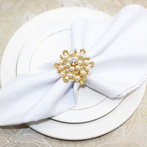 Exquisite pearl rhinestone floral napkin ring detail, elegant gold table decor for dining.