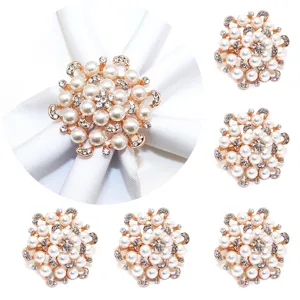 Pearl Rhinestone Napkin Rings Gold Flower Table Decor Wedding Party Dinner Set 6pcs