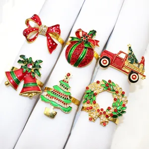 Christmas napkin rings set of 6 holiday table decor rhinestones red green metal