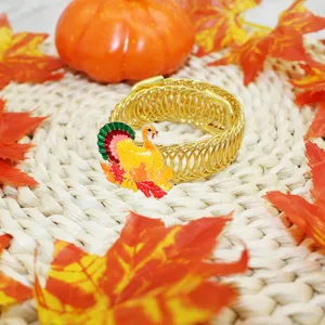 Thanksgiving turkey curtain tieback, gold metal spring buckle with enamel maple leaf decor.