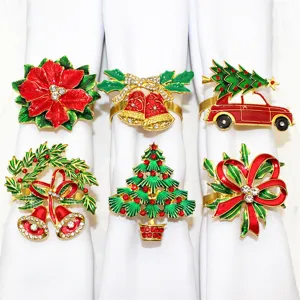 Christmas napkin rings set metal red green rhinestone details holiday table decor