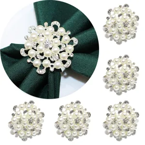Pearl rhinestone napkin ring holder, elegant floral tableware decor for wedding hotel dinner party.
