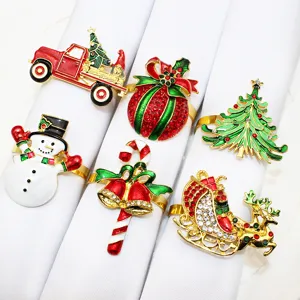 Christmas Napkin Rings Alloy Rhinestone Enamel Christmas Tree Elk Snowman Table Decor Dinner Party