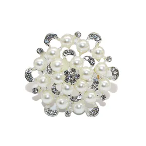 Elegant pearl rhinestone napkin ring silver floral table decor for hotel wedding party.