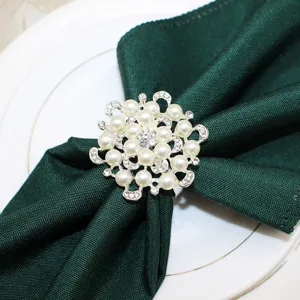 Elegant pearl rhinestone flower napkin ring holder for hotel wedding table decor detail view