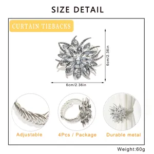 Crystal flower curtain tiebacks detail view, showing 6cm size, 4pcs set and adjustable design.