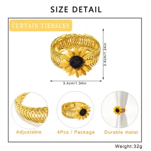 Sunflower curtain tieback detail, adjustable metal spring ring, durable home decor hardware.