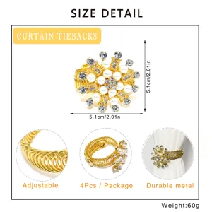 Gold pearl flower curtain tieback spring alloy drapery holdback 4pcs set size 5.1cm