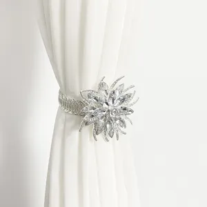 Crystal flower curtain tieback detail shot, luxury rhinestone spring drapery holder.