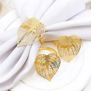 Gold leaf napkin rings set, metal hollow napkin holder buckles for dining table wedding decor.