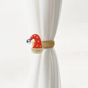 Red rhinestone Christmas hat curtain buckle detail with flexible alloy spring band.