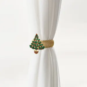 Christmas tree rhinestone curtain tieback, gold metal spring buckle decor, detail view
