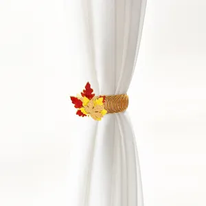 Golden metal spring curtain tieback with colorful autumn maple leaves, punch-free.