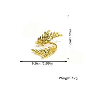 Gold leaf napkin ring detail showing size 6.5x5cm and weight 12g for elegant table decor.