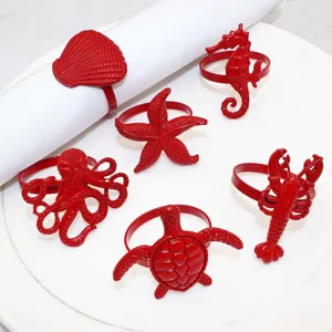 6 Pcs Red Ocean Napkin Rings Set Lobster Starfish Shell Metal Table Decor for Party
