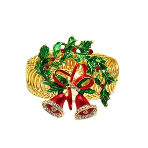 Christmas curtain tieback gold metal spring buckle with holly wreath red bell decor detail