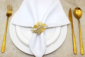 Gold metal leaf napkin ring detail view table decor wedding dining setting accessory