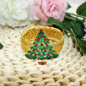 Gold metal spring curtain tieback with green jeweled rhinestone Christmas tree decor main view