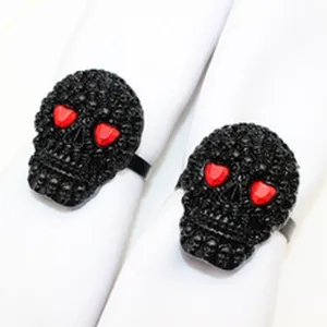 Halloween black skull napkin rings with red gemstone eyes table decor party accessories