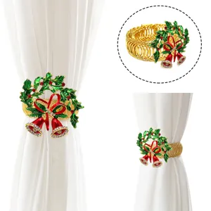 Christmas Curtain Tiebacks Metal Spring Holdbacks With Wreath Bell Rhinestone Red Bow Window Drapery Accessories
