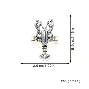 Detailed view of vintage lobster napkin ring, metal table decoration, 2.6x5.5cm size.