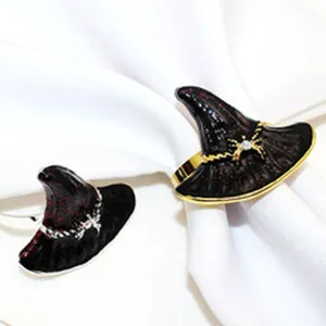 Halloween witch hat napkin rings set, gothic table decor, black napkin holder buckles.