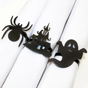 Halloween black napkin rings set, spider ghost castle table decor for holiday party.