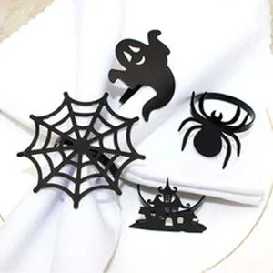 Halloween metal napkin ring set, black spooky spider web ghost table decor for party.