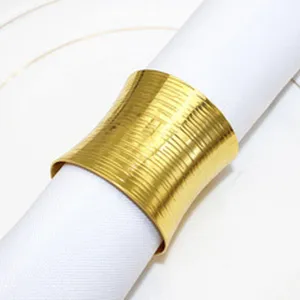 Gold metal napkin ring detail view, elegant brushed finish table decor for hotel dining.